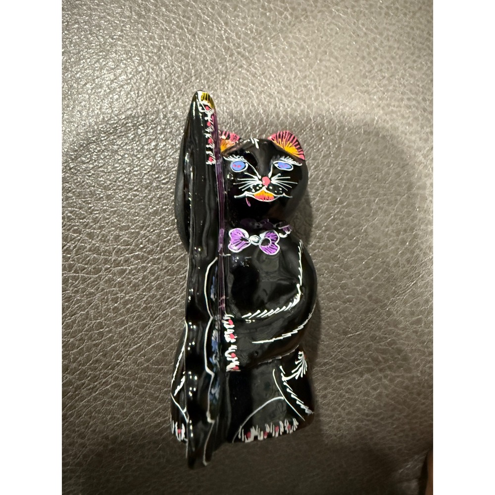 Handmade Black Cat Figurine Playing Cello Music Thailand Whimsical Decor